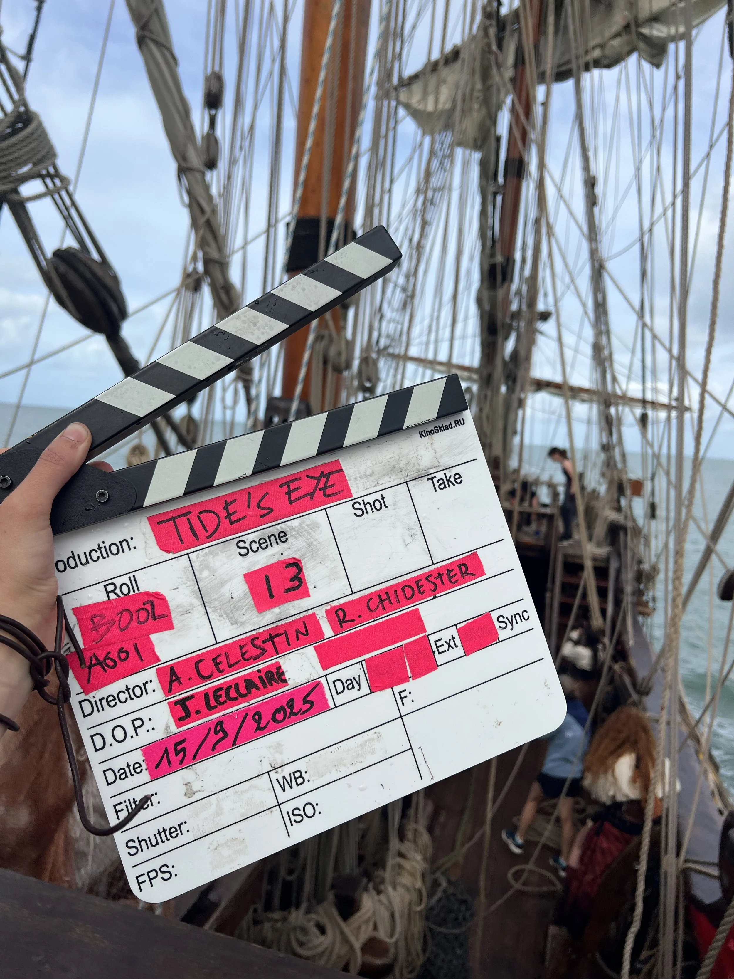 Clapperboard on the deck of the tall ship between takes on the Tides Eye pirate movie shoot